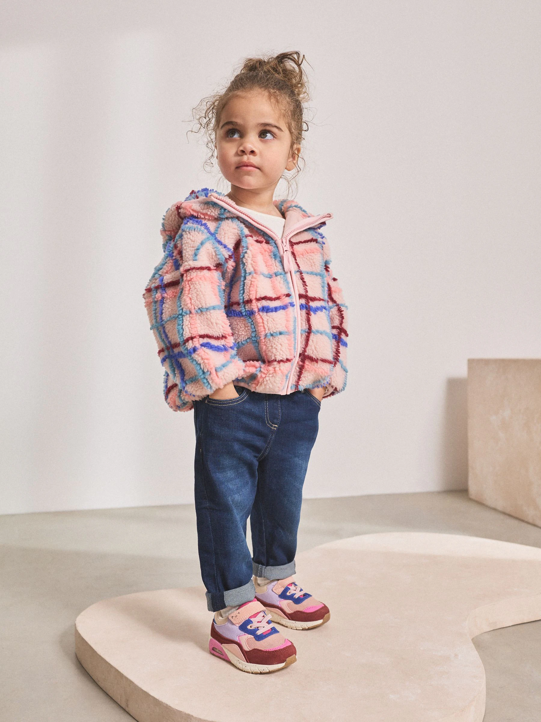 Roze rasterprint - Fleece met ritssluiting (3mnd-7jr)