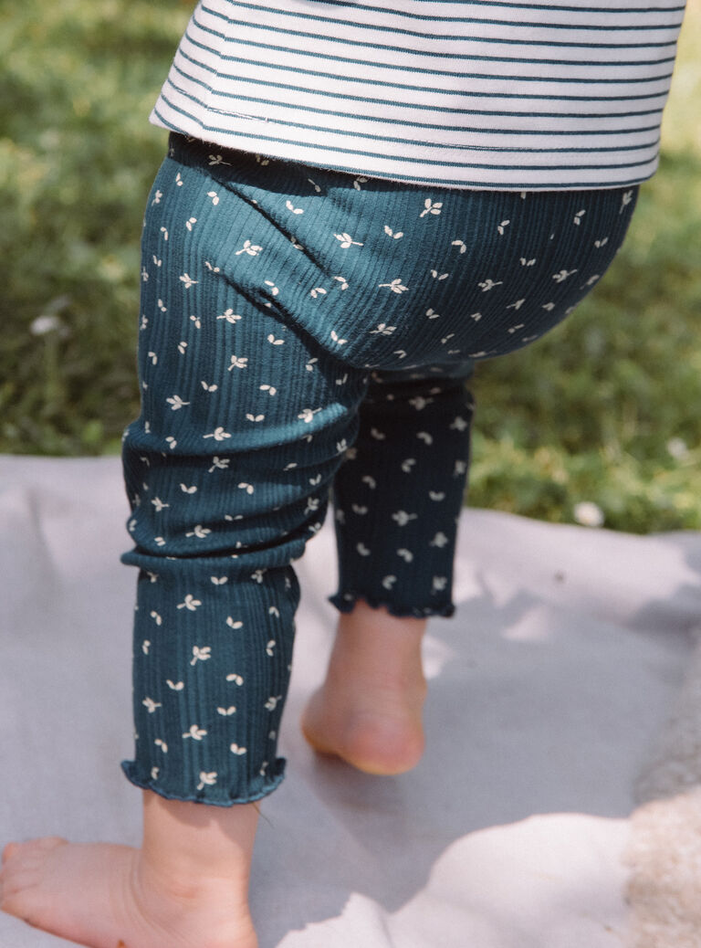 Legging côtelé vert émeraude à imprimé fleuri