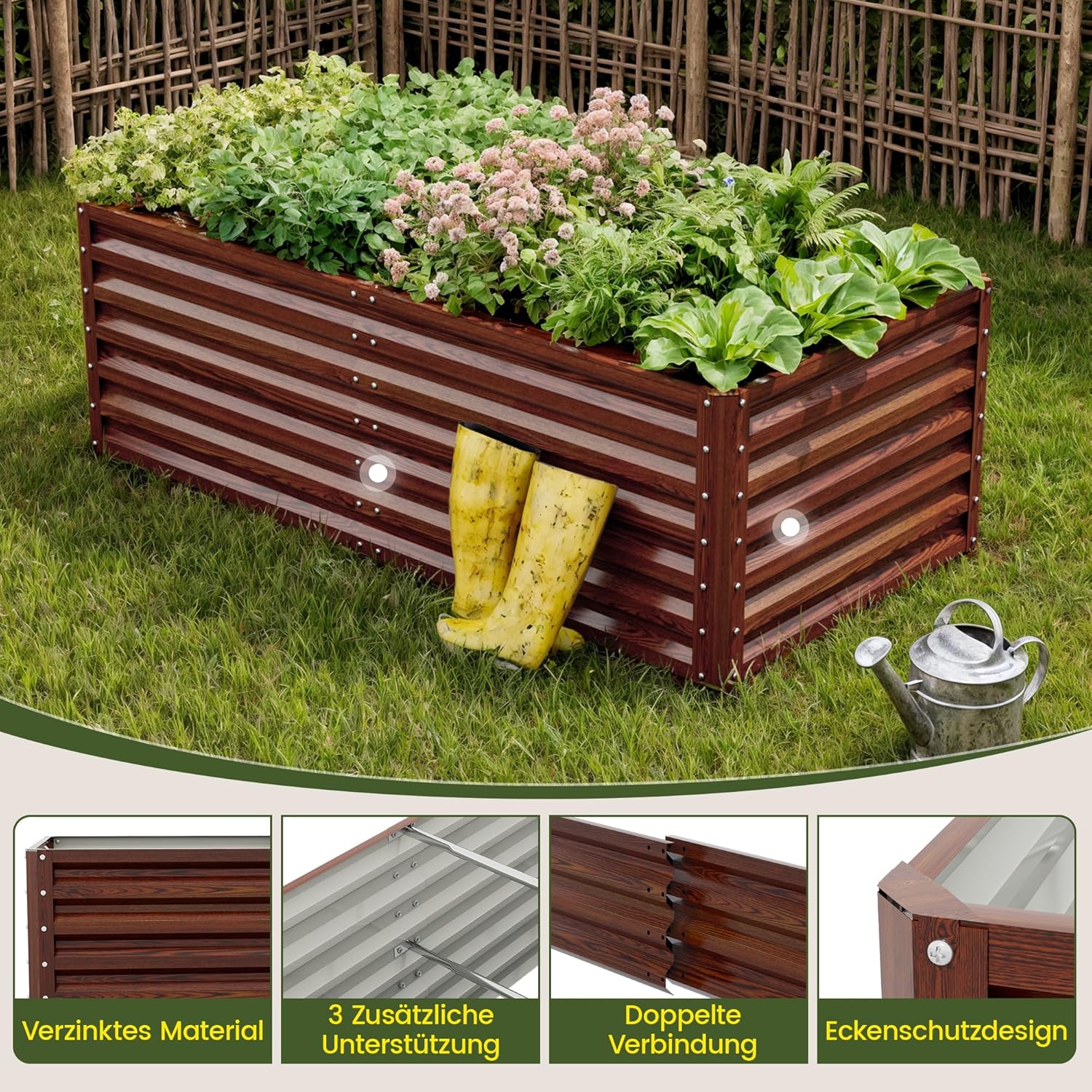 Amopatio Hochbeet Metall 2er-Set, Pflanzbeet Hochbeete für Garten, 180x90x60cm, Hochbeete-kit 970 L für Gemüse Blumen Sukkulenten Kräuter, Blumenbeet & Pflanzentrog, Verzinkter Stahl, Holzmaserung