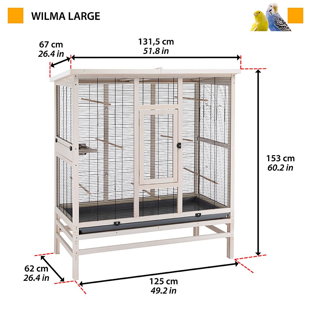 Volière pour oiseaux en bois fsc wilma large, cage pour canaris perruches, accessoires inclus