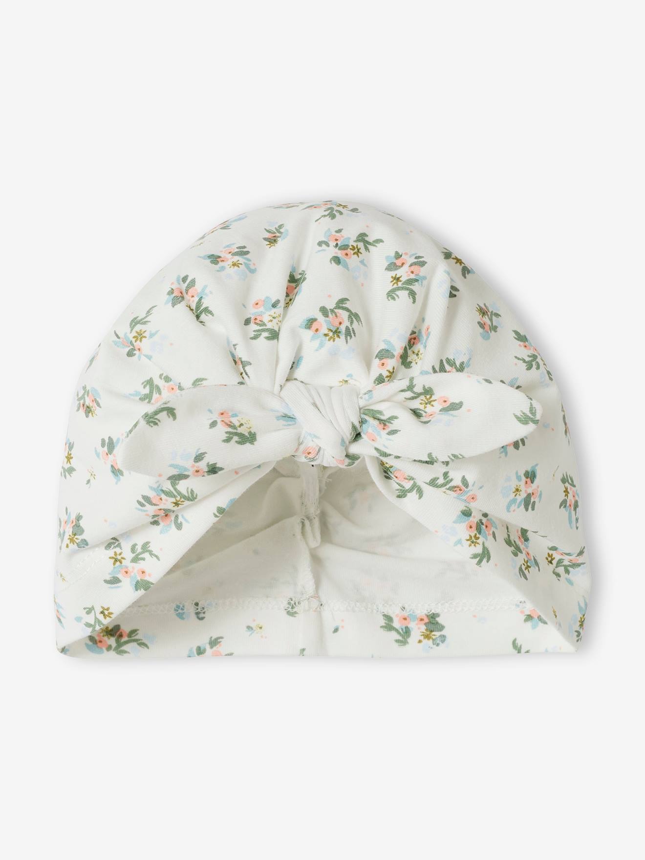 Touca turbante de tricô estampada para bebê menina, estampa branca.