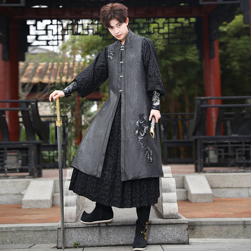 Tangier - Hanfu-gewaad met lange mouwen en print / Geborduurd lang vest met kikkerknopen / Riem / Polsmanchet