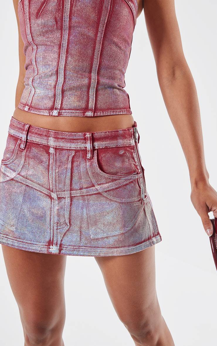 Cherry Red Jupe Micro Mini En Denim Effet Feuille Métallisée Argentée