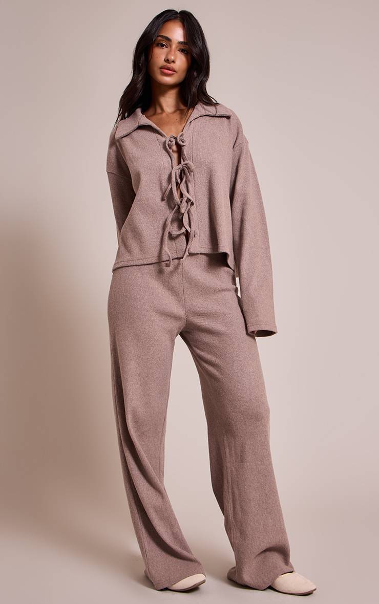 Marron Chemise Taupe Petite En Tissu Brossé Avec Nœud Devant