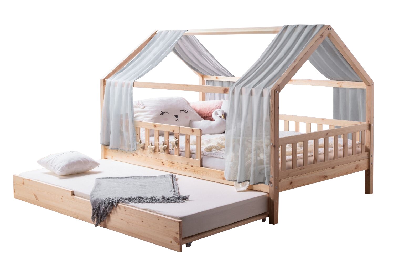 TiCAA TiCAA Kinderbett Hausbett mit Tüll Kim 90x200 cm, 100x200 cm, 120x200 cm, 140x200 für Jungen & Mädchen, inkl. Rolllattenrost, Zusatzbett und Rausfallschutz variabel, MontessoriBett Natur aus Kiefer Massivholz