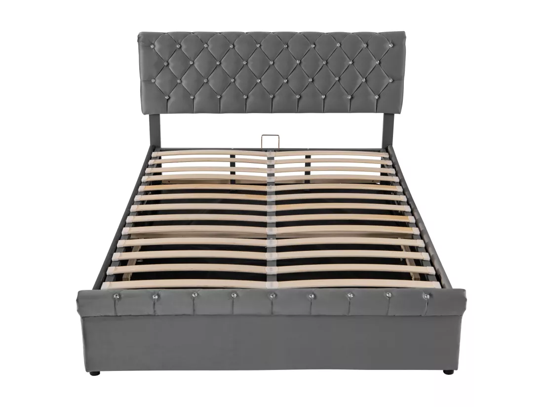 Lit coffre 140 x 190 cm avec tête de lit réglable - Velours - Décor avec boucle en cristal - Coloris gris