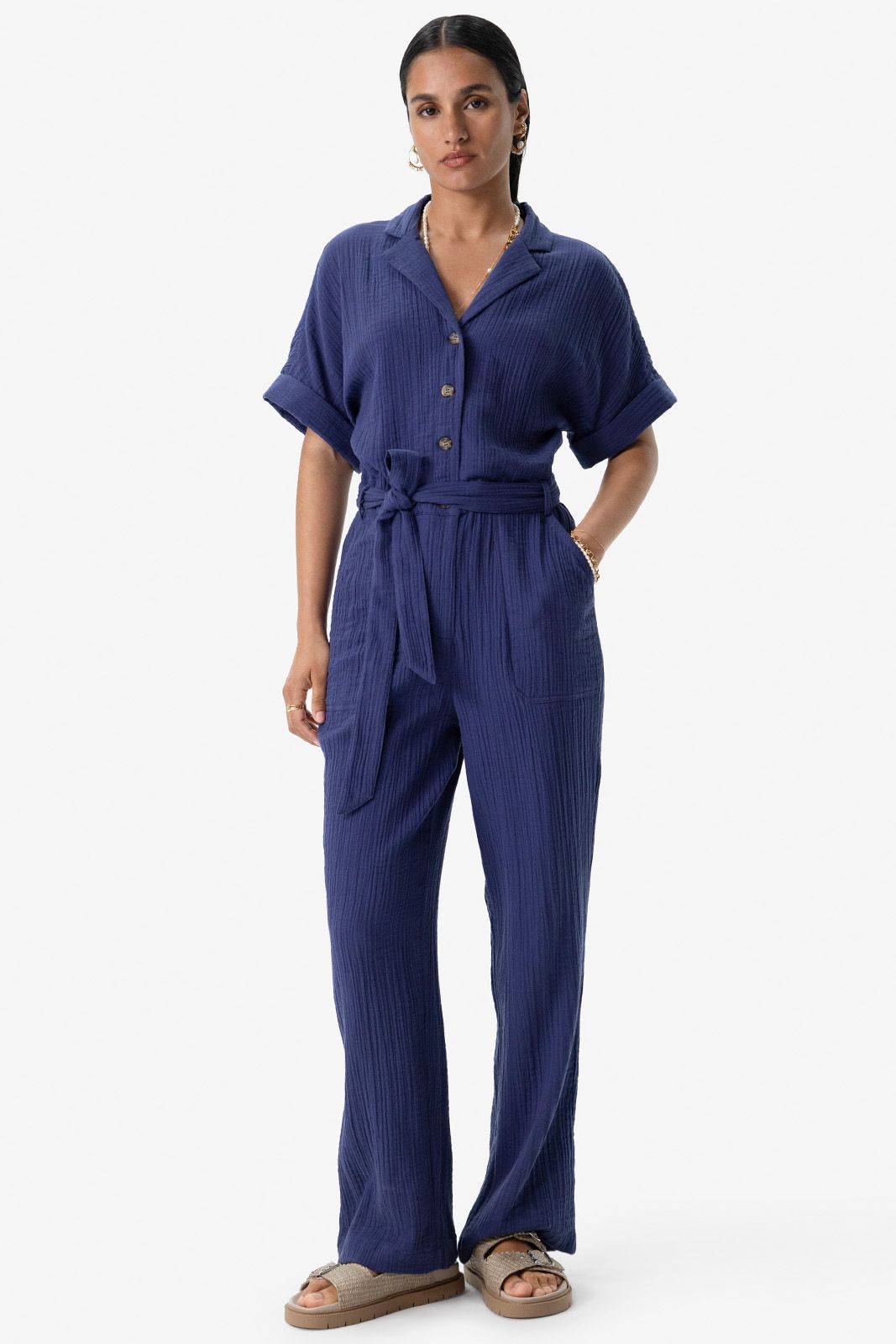 Blauwe jumpsuit met reverskraag
