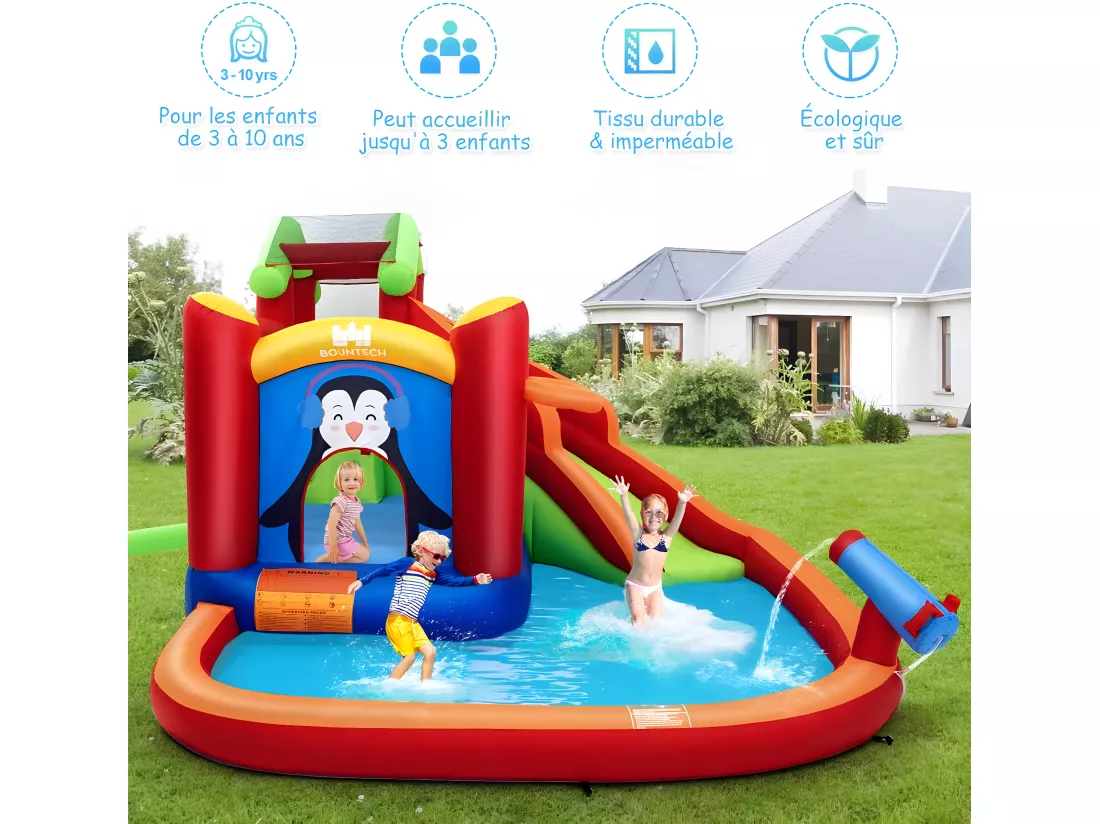 Château Gonflable avec Toboggans Aquatiques, Aire de Jeux Gonflable Piscine avec Motif de Boisgouin, Canon à Eau, Panier de Basket-Ball 3 à 10 Ans Rouge Sans Souffleur 680W