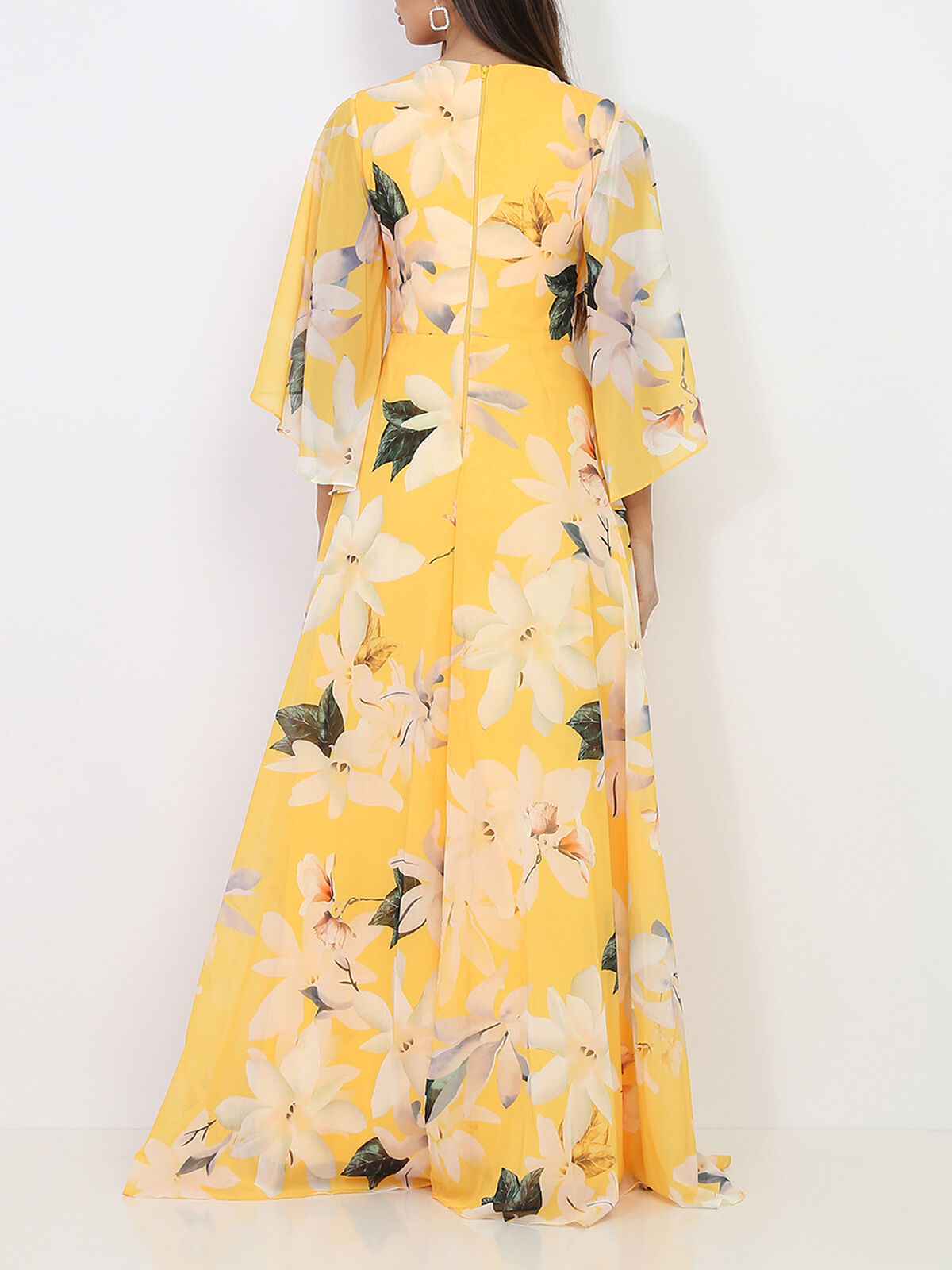 Robe longue plissée à fleurs- Jaune