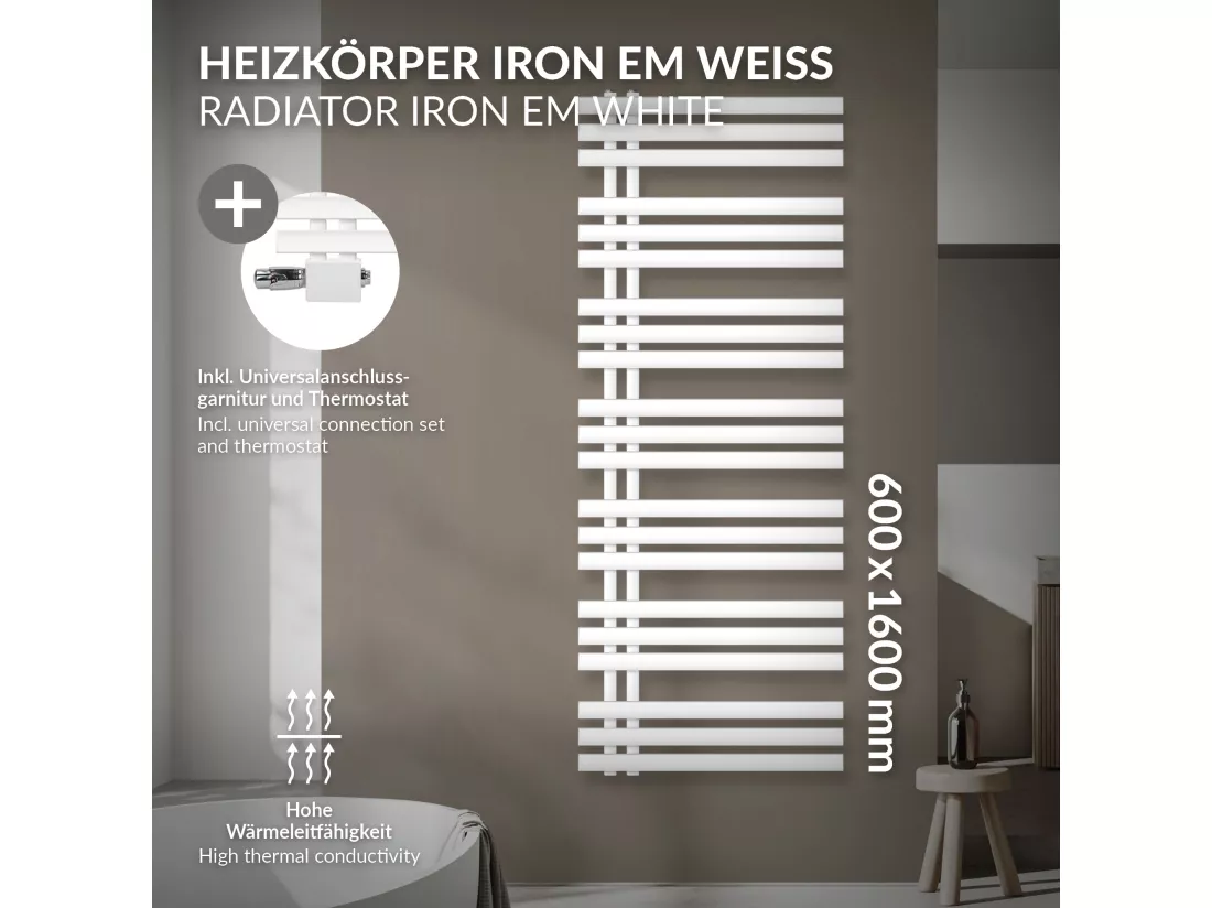 Radiateur Design Iron EM 600x1600 mm Blanc Raccord Central au Bas avec Garniture