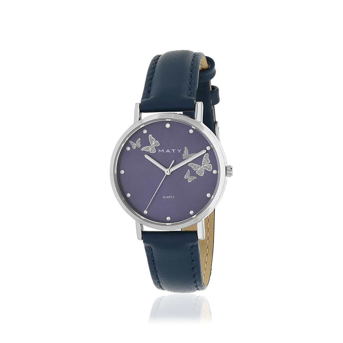 Montre femme chromée bracelet cuir bleu foncé