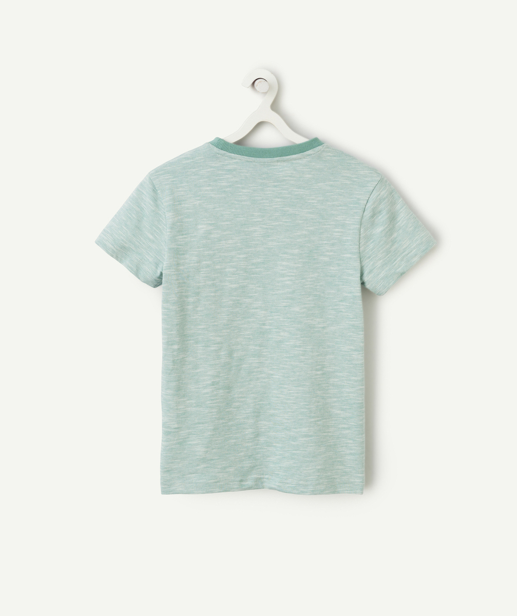 t-shirt garçon en coton bio vert avec poche et imprimé fines rayures