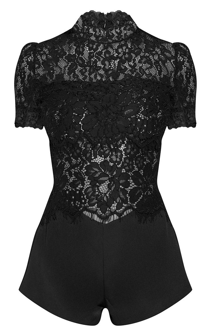 Noir Combi-short En Dentelle À Manches Courtes