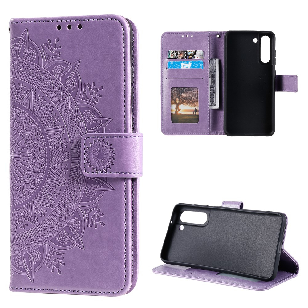 Samsung Galaxy S21 FE 5G Leder Tasche Wallet - Mandala Flowers Imprint - Violett