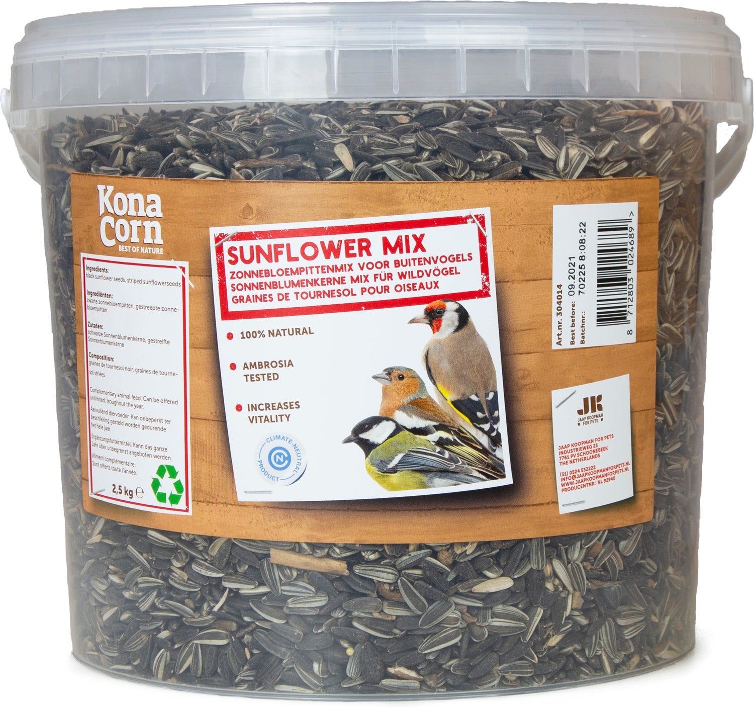 KonaCorn tuinvogelvoer zonnebloempitten emmer 2,5 kg