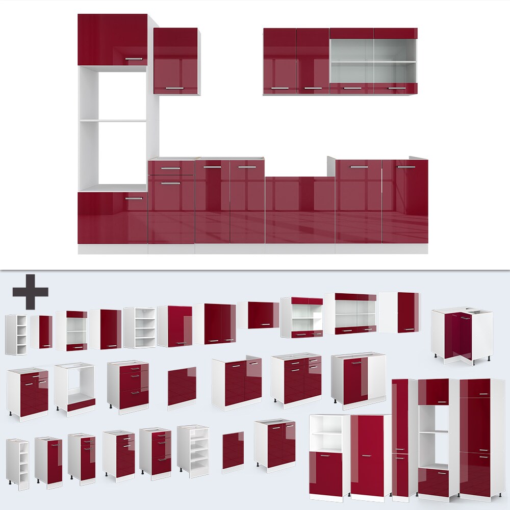 VICCO KÜCHE R-LINE 300CM KÜCHENZEILE KÜCHENBLOCK EINBAU ROT BORDEAUX HOCHGLANZ