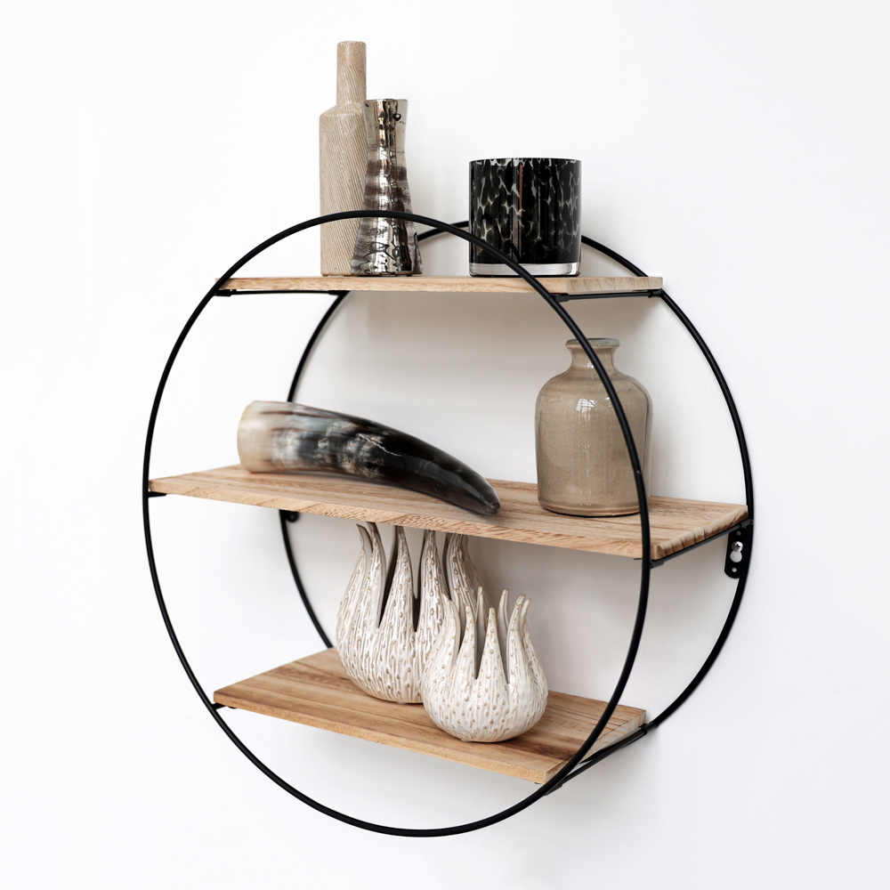 Etagère murale en métal noir - 3 planches en bois - ronde - 50x19 cm