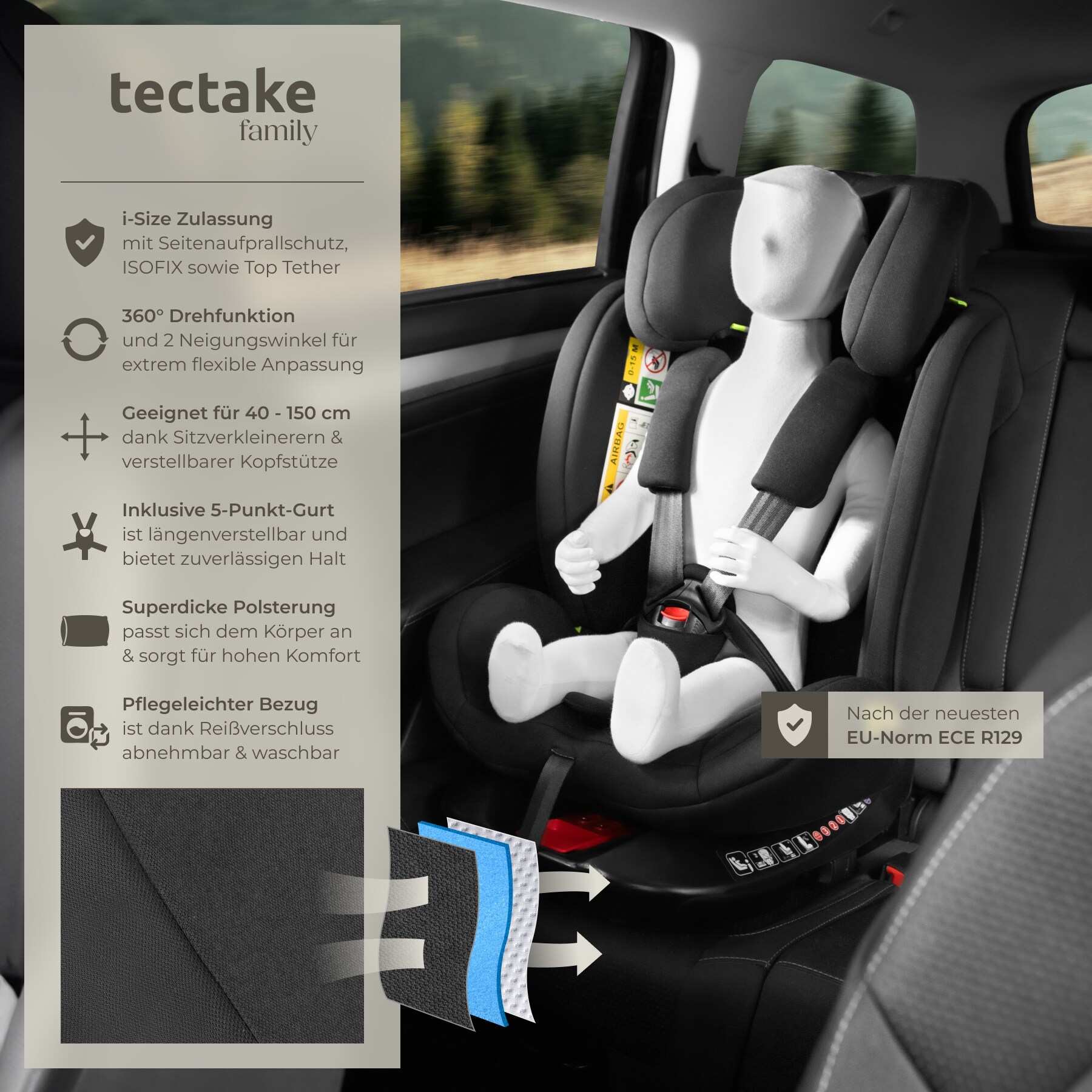 tectake® Drehbarer Autositz, i-Size Zulassung, ISOFIX-Installation und Top Tether, mit Seitenaufprallschutz, längenverstellbarer 5-Punkt-Gurt, höhenverstellbare Kopfstütze, ab Geburt bis 150 cm, Belastbarkeit 36 kg