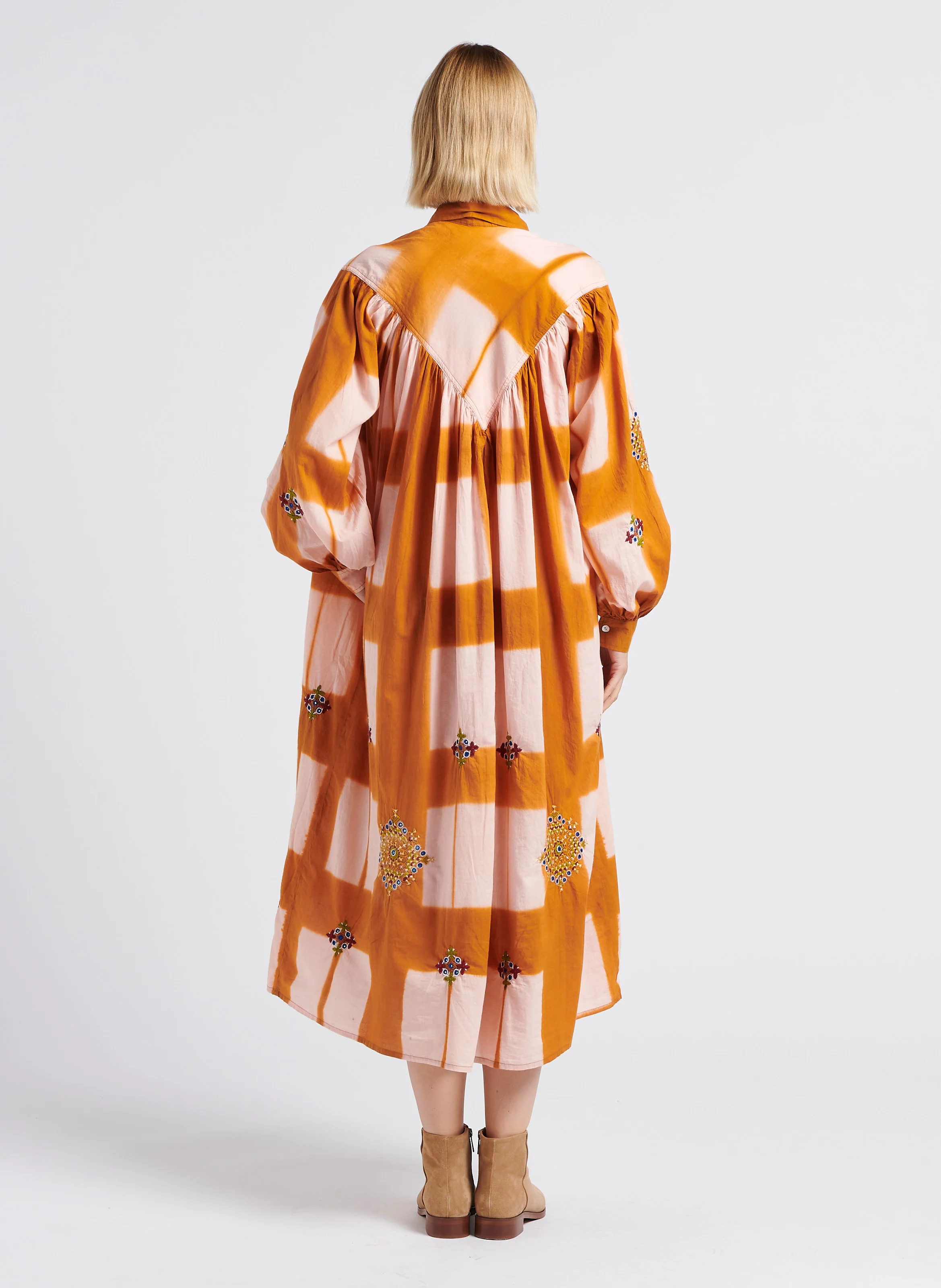 PALM - Robe midi col classique imprimée et brodée en coton| Orange