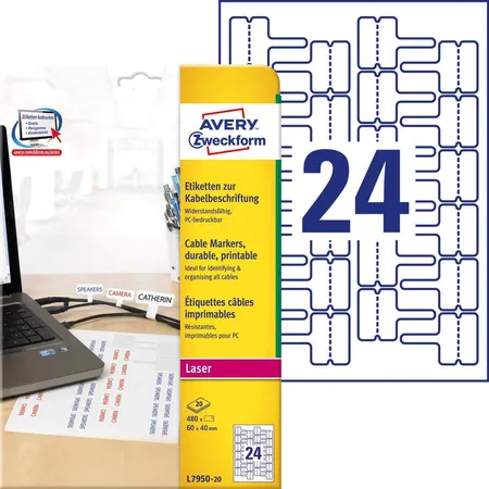 Avery Zweckform L7950-20 Etiketten zur Kabelbeschriftung, 60 x 40 mm, 20 Bogen/480 Etiketten, weiß