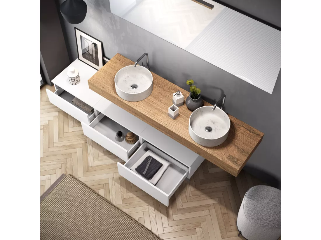 Ensemble de salle de bain double vasque 9 pièces ASTRA chêne miel/blanc