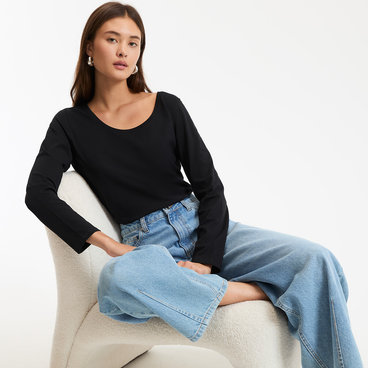 COLEÇÕES LA REDOUTE<br>Camiseta de algodão orgânico, gola redonda, mangas compridas
