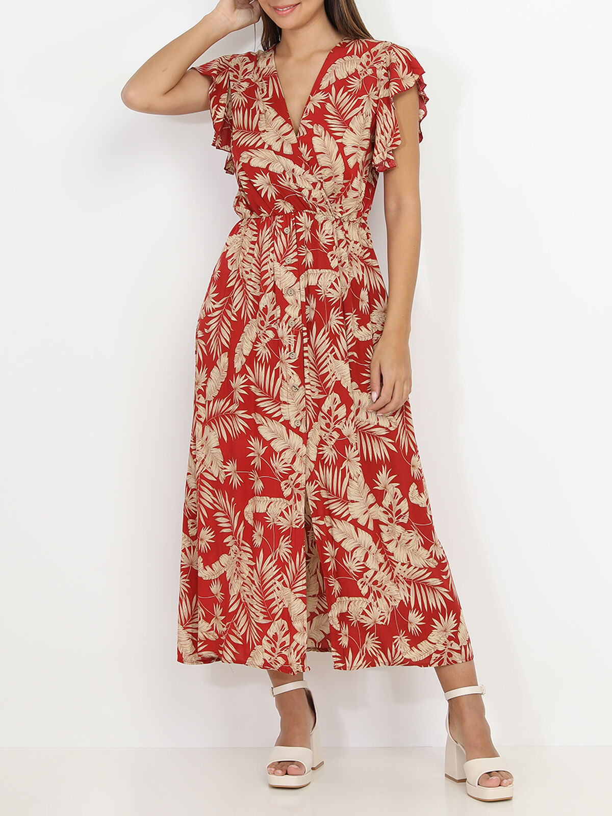 Robe longue à imprimé feuilles dorées- Rouge