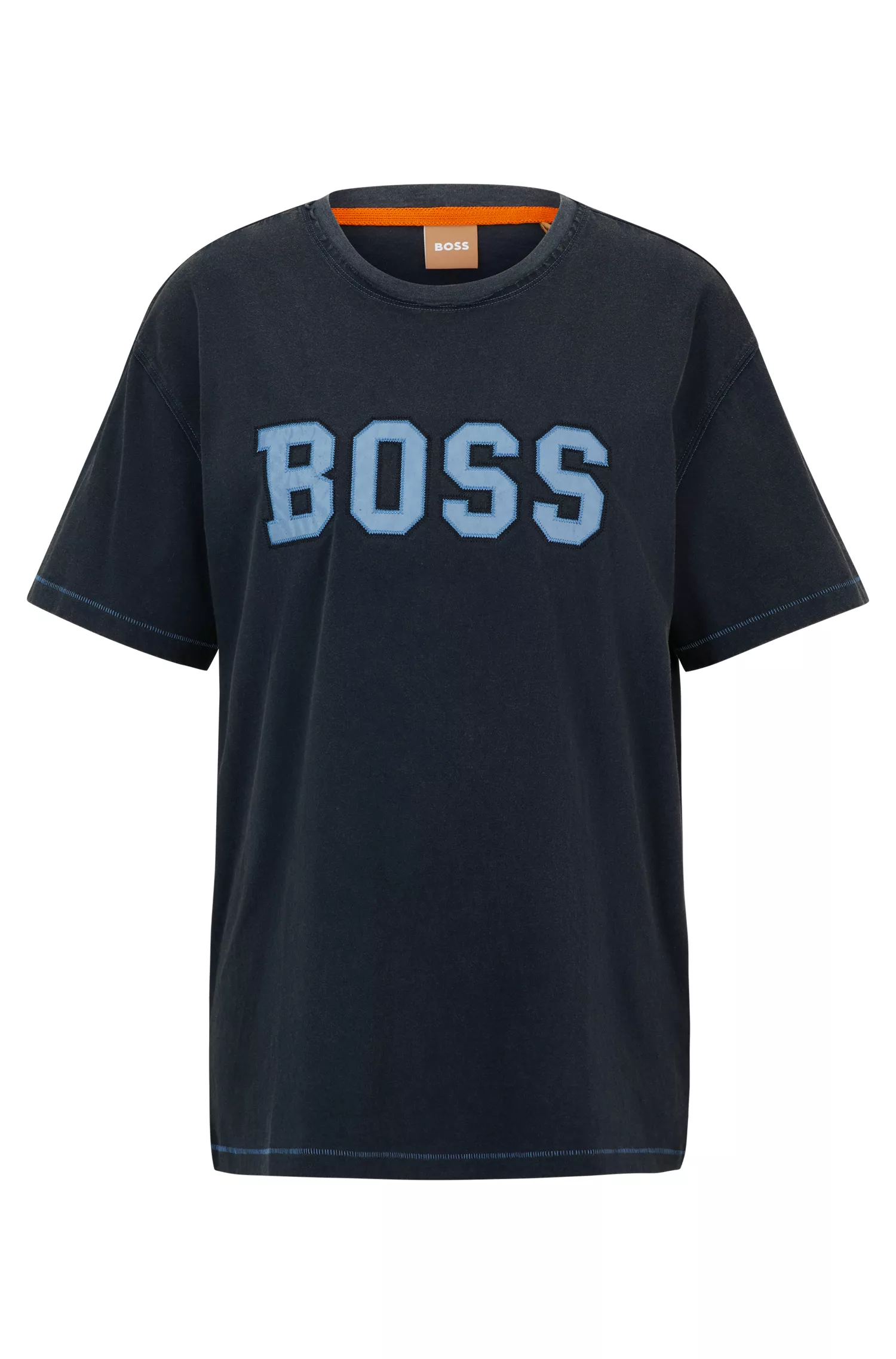 Camiseta BOSS laranja, modelagem relaxada, em malha de algodão com estampa bordada.