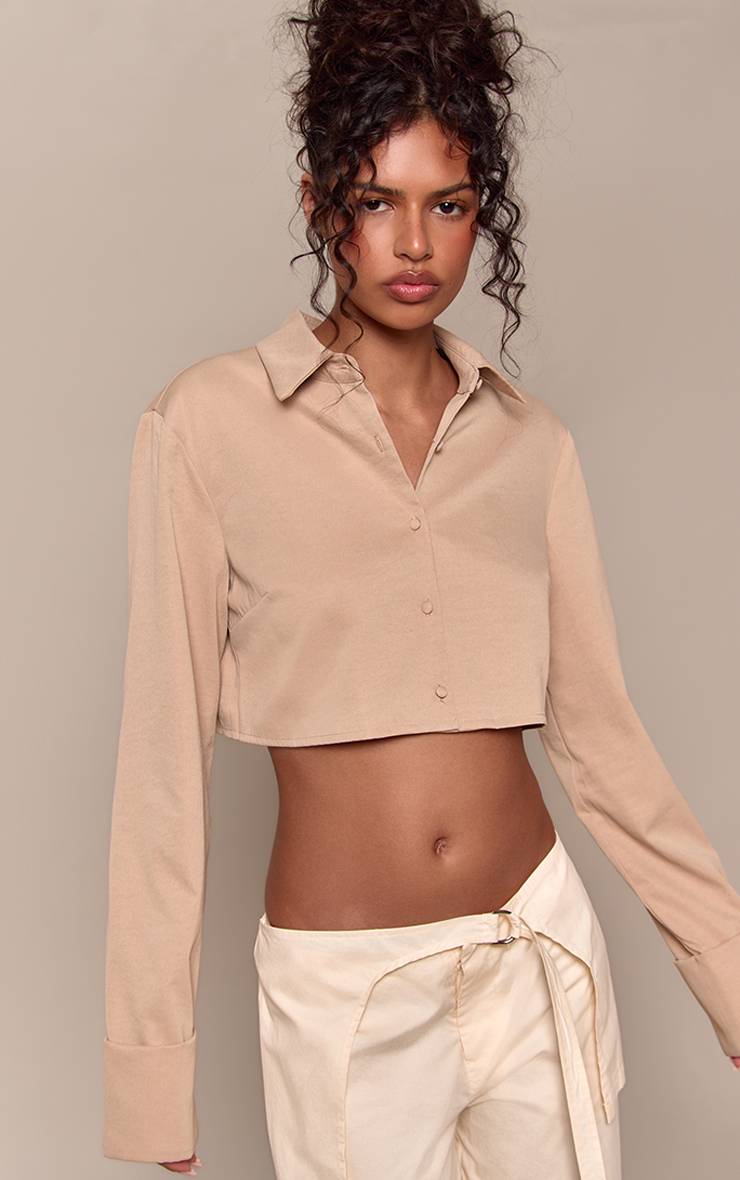 Gris Pierre Chemise Courte Boxy À Détails De Manches