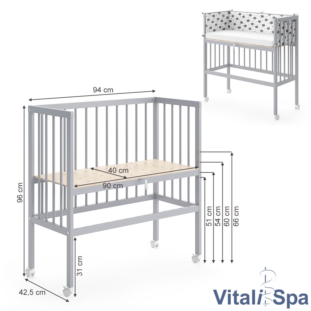 VITALISPA Beistellbett SOPHIE Grau Babybett Stillbett Stubenbett Nestchen Boxspringbett