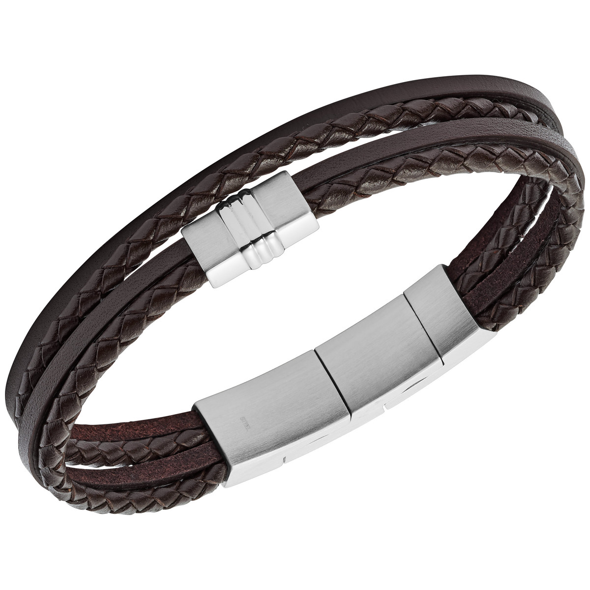 Bracelet  FOSSIL acier cuir marron multi-rangs tressé 19 cm