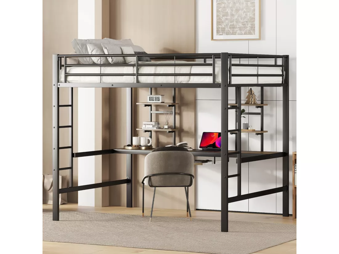 Lit mezzanine 140x200cm pour enfants - Cadre de lit en fer lit surélevé avec bureau pour étude et 2 étagères - noir