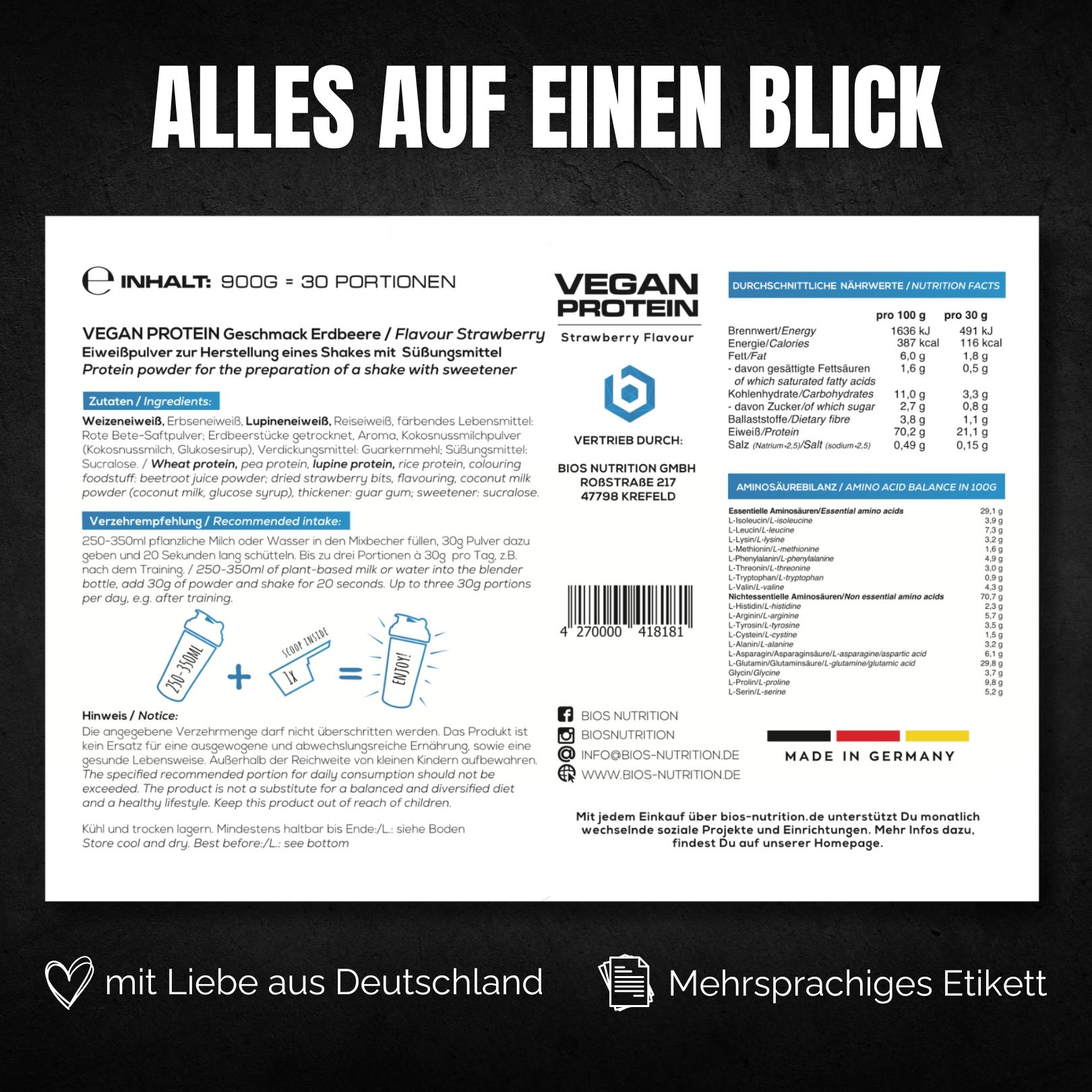 Bios Nutrition Vegan Protein - pflanzliches Protein ohne Laktose & ohne Soja