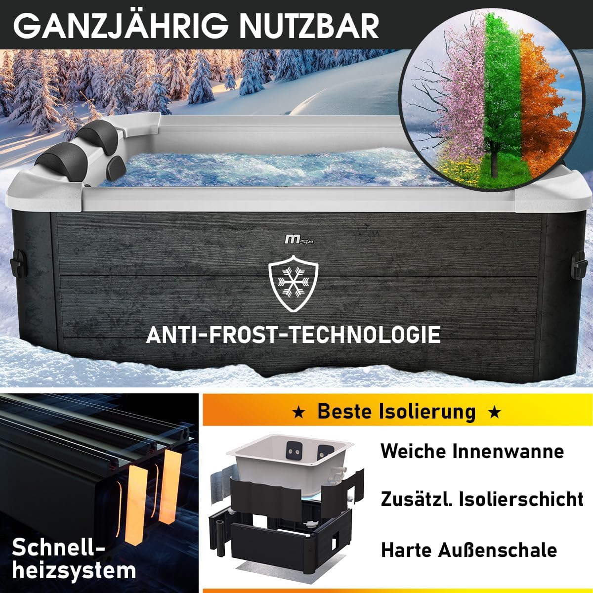 BRAST Whirlpool MSpa Oslo Aero Plus XXL mit Fester Außenwand | LED-Beleuchtung 20 einstellbare Farben für 6 Personen | 180x180x65cm | 140 Massagedüsen | Ganzjähriger Einsatz Winterfest | In & Outdoor