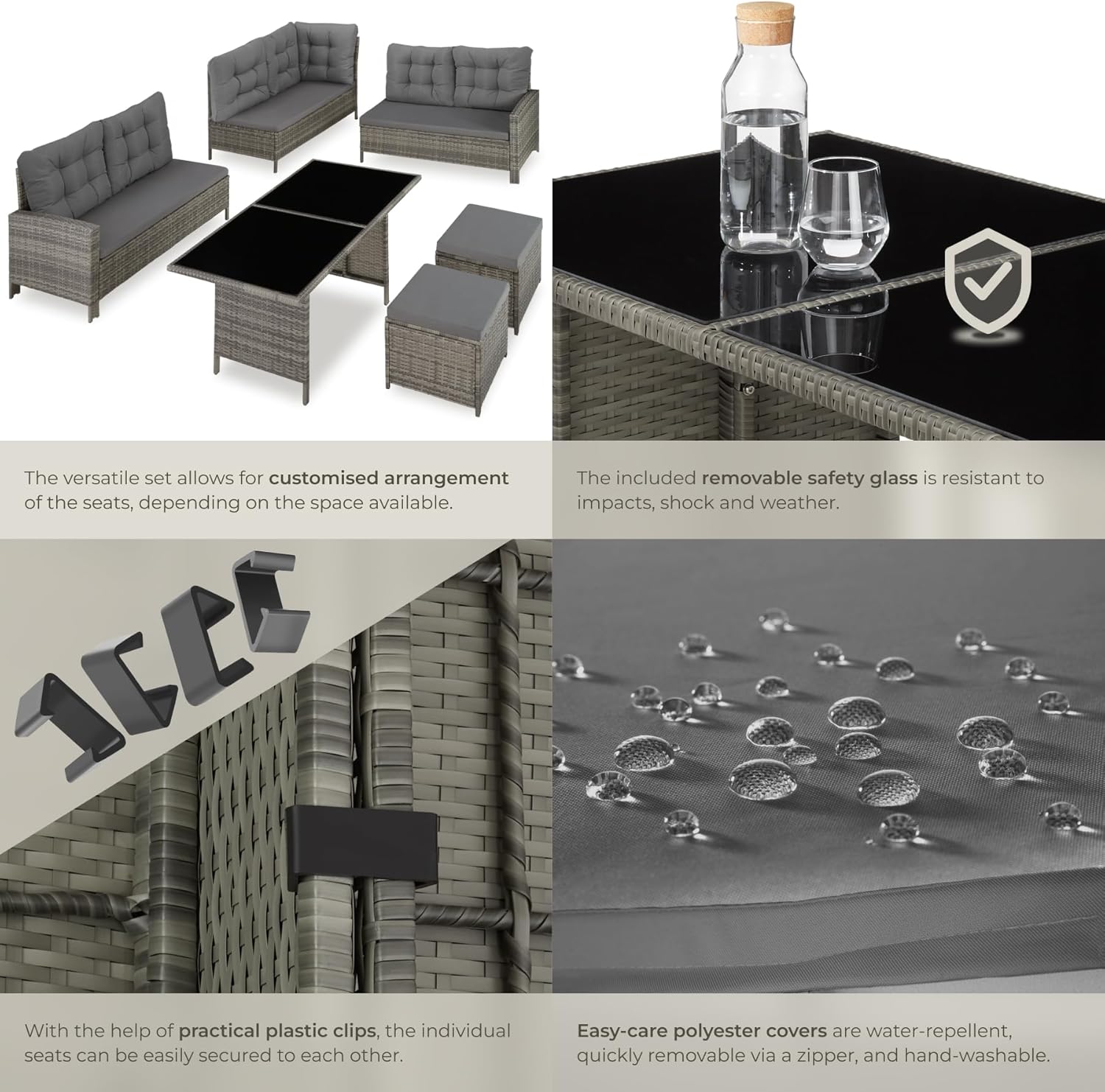 tectake Polyrattan Lounge Set, Gartenmöbel Set mit Sofa, Hocker + Tisch, Balkon Möbel Outdoor, 5-teilige Sitzgruppe, inkl. Sitz- & Rückenkissen, ideal für Garten, Terrasse, Balkon - grau/beige