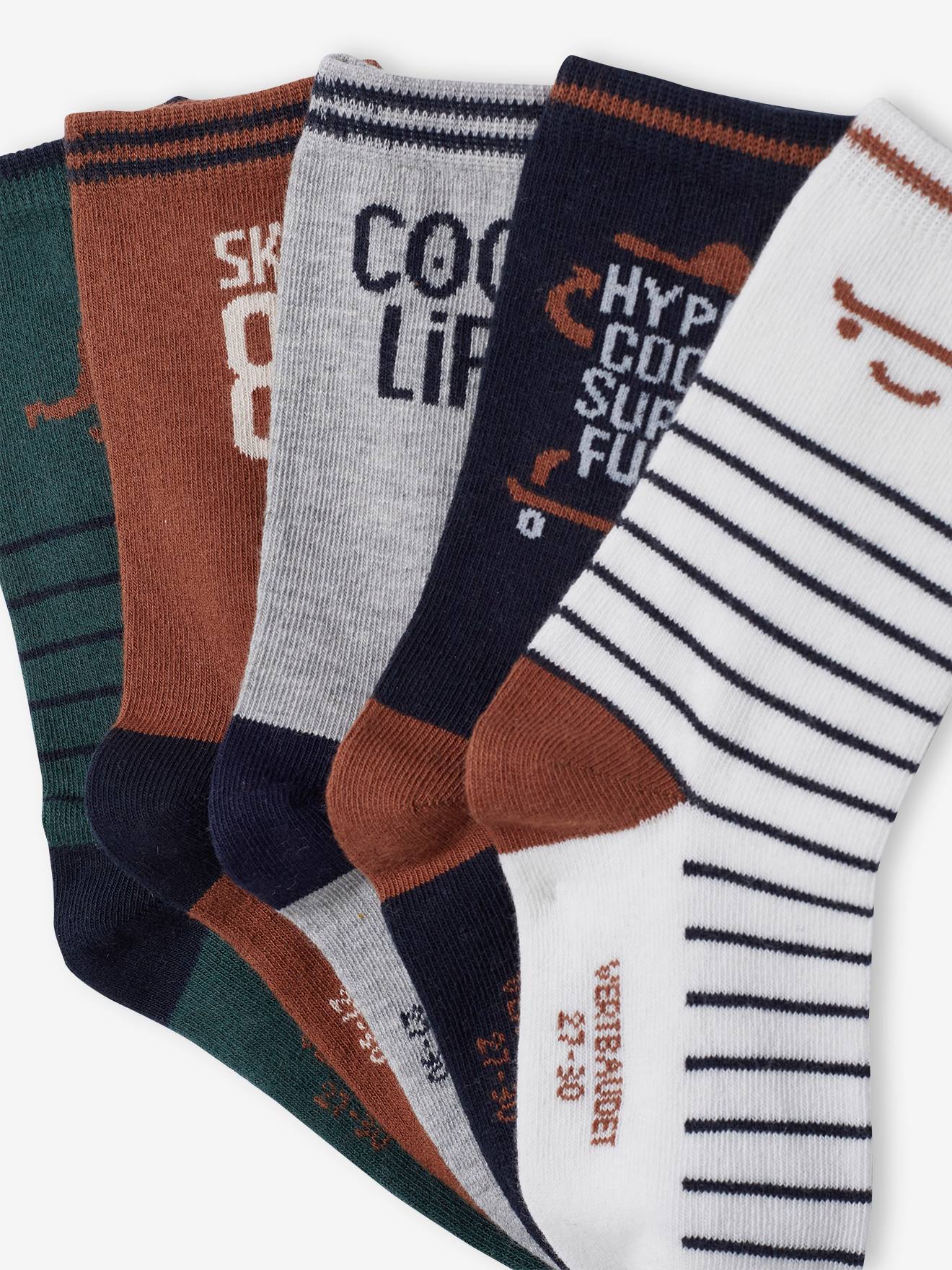 Pacote com 5 pares de meias Skate, tamanho médio infantil, marrom bicolor/multicoloridas.