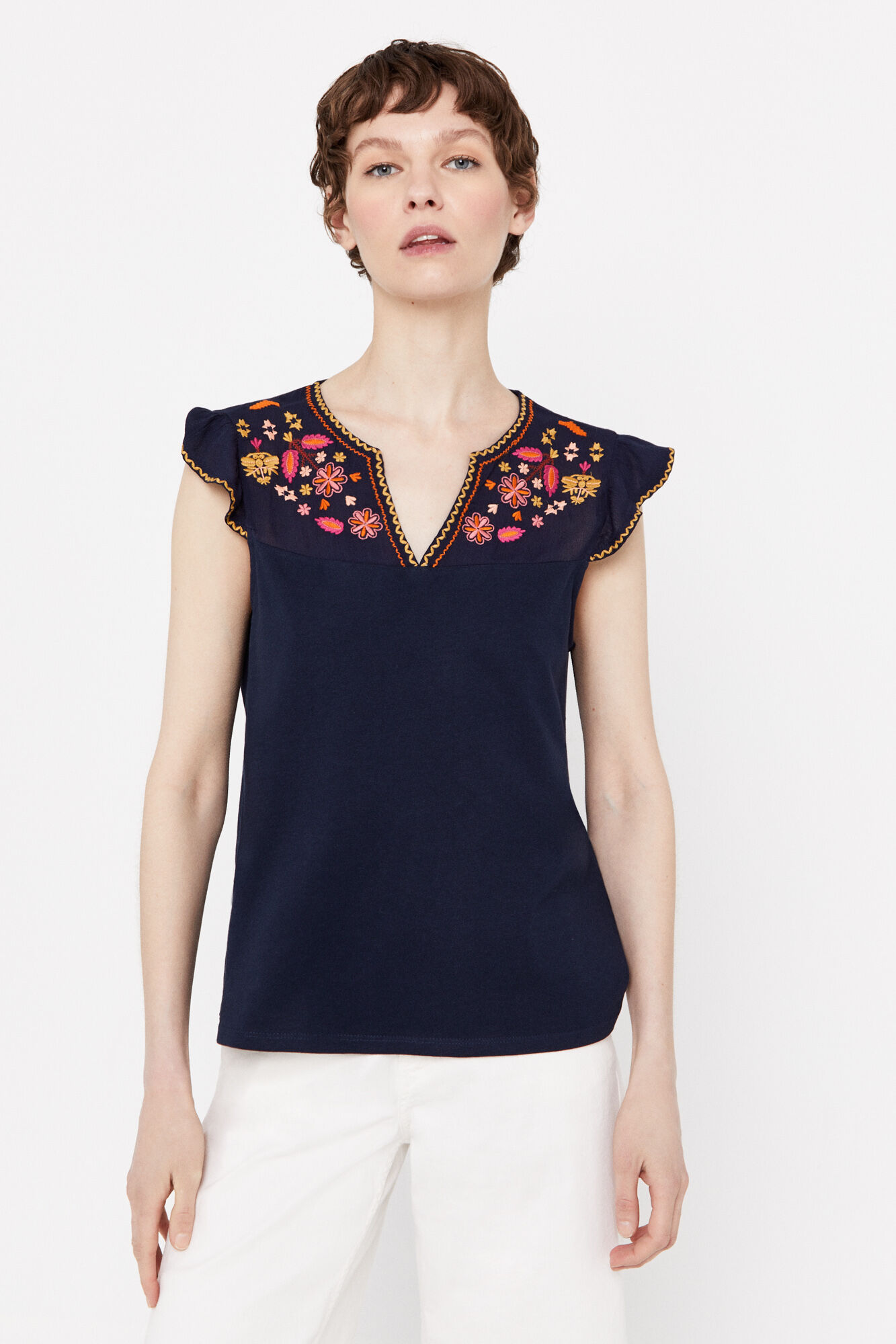 Top combinado com bordado floral - Azul marinho