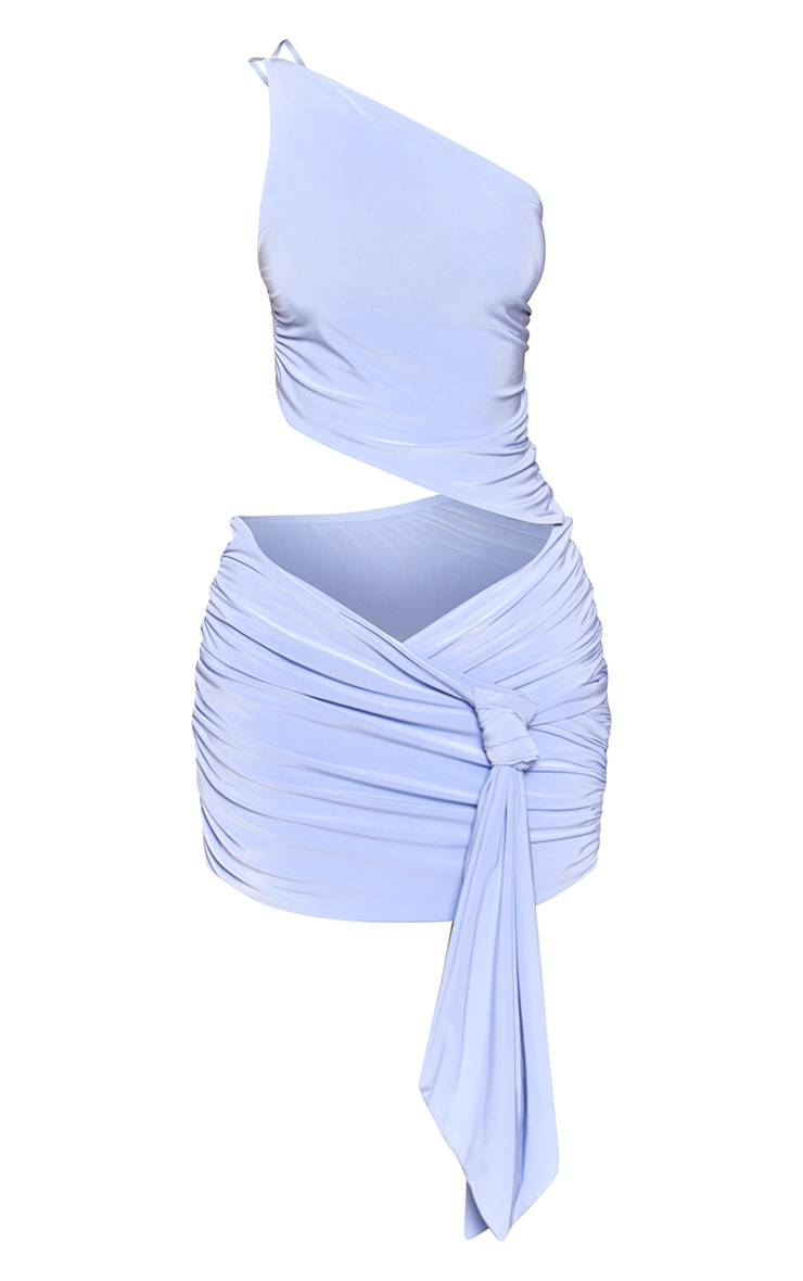 Bleu Layette Robe Mini Moulante Drapée Petite Taille À Une Épaule Froncée Avec Lien Sur Le Côté