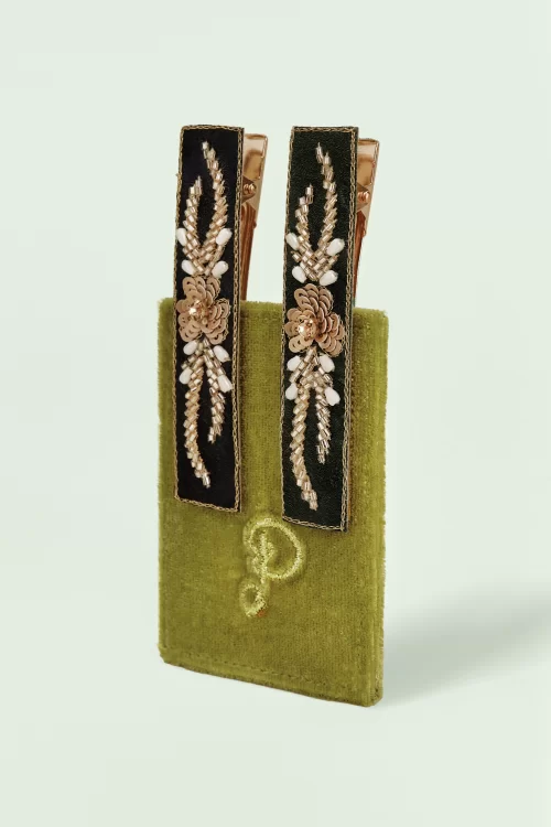 Powder Jewelled haarclips in houtskool en donkergroen