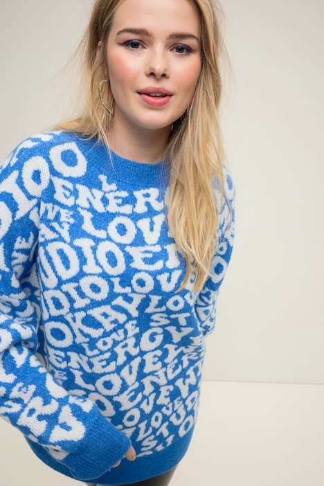 Pullover, oversized, Writing-Muster, Rundhals, Langarm