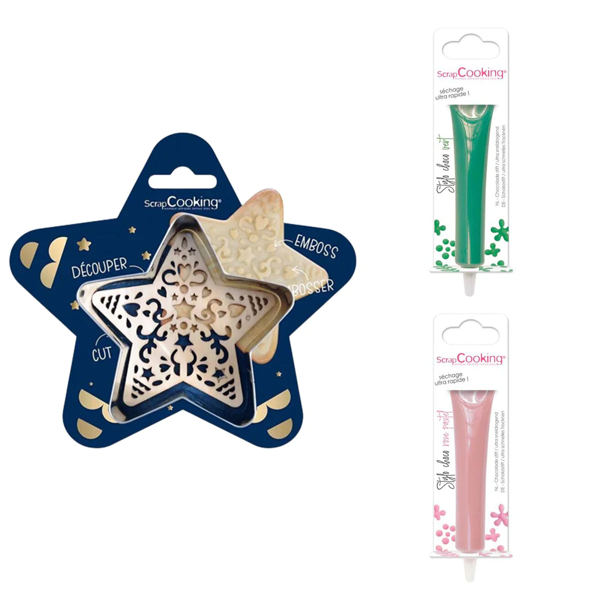 Kit pour biscuit en relief Étoile + 2 Stylos au chocolat vert et rose