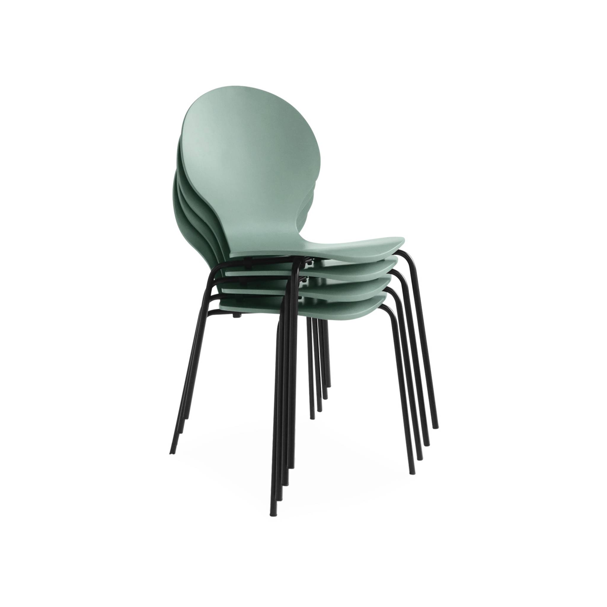 Lot de 4 chaises vert céladon. Rétro empilables. Bois d'hévéa et contreplaqué. Pieds en acier. Naomi. L 43 x p 48 x h 87cm
