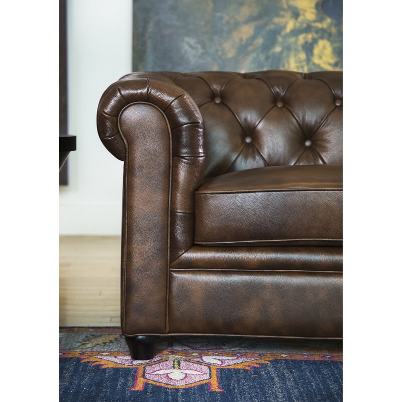 Owen 84&rdquo; Genuine Leather Rolled Arm Chesterfield Sofa