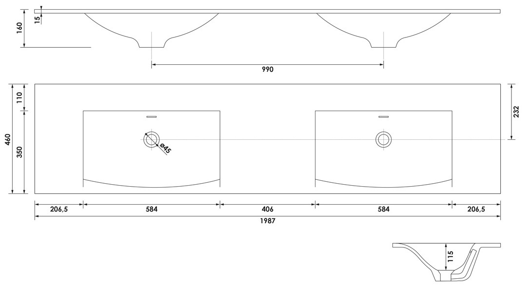 Brauer Glacier dubbele wastafel fine stone 200cm zonder kraangaten wit glans