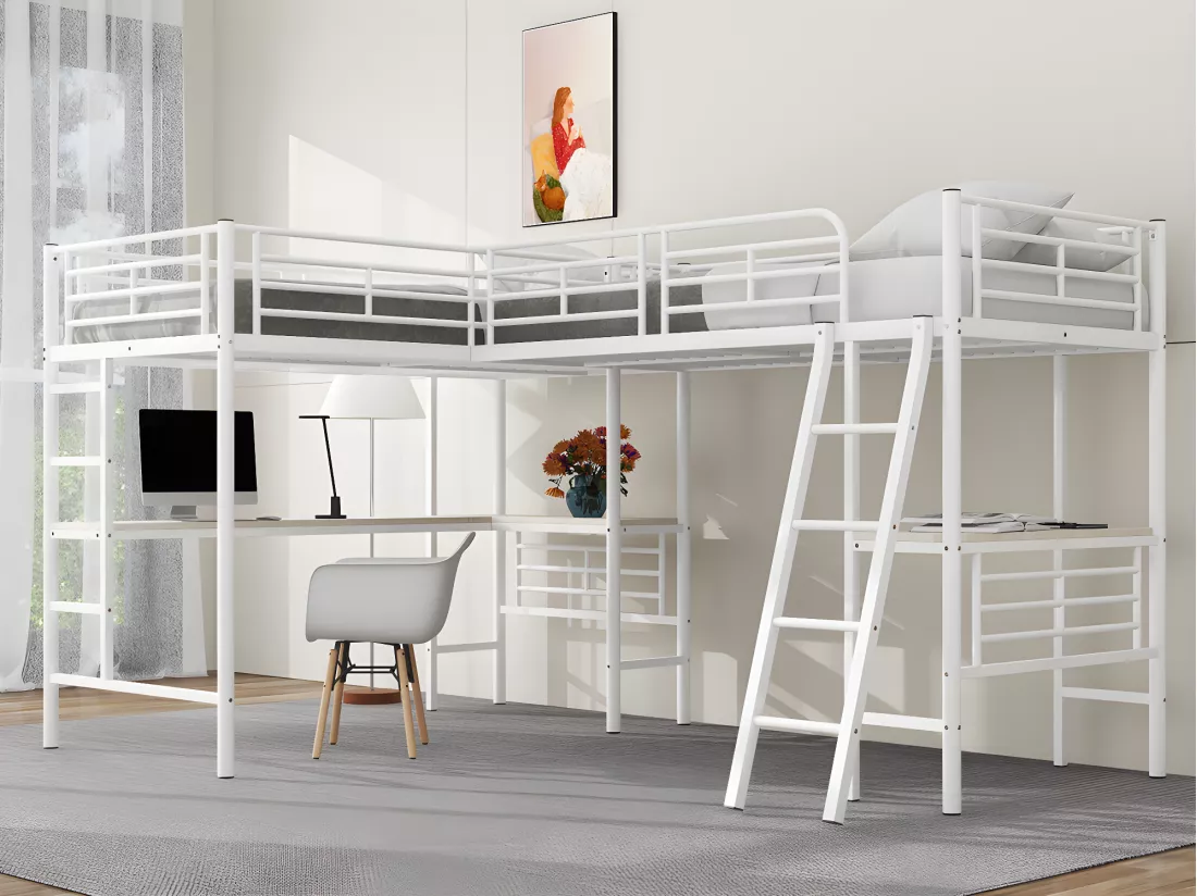 Lit mezzanine - 2 lits 90x200 cm - 2 bureaux sous le lit - Blanc