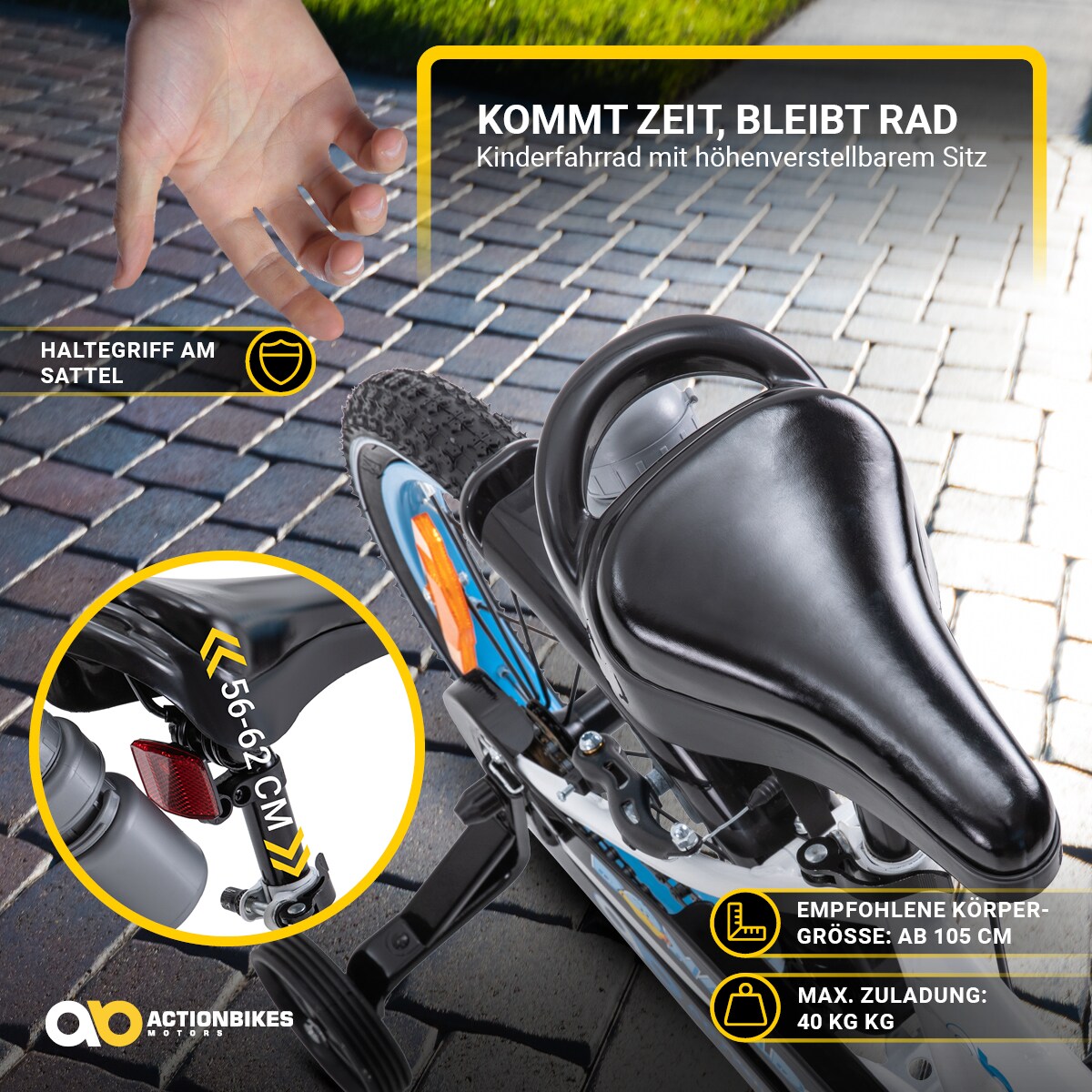 Actionbikes Kinderfahrrad Donaldo 16 Zoll, V-Brake-Bremsen, höhenverstellbar, Stützräder, Korb
