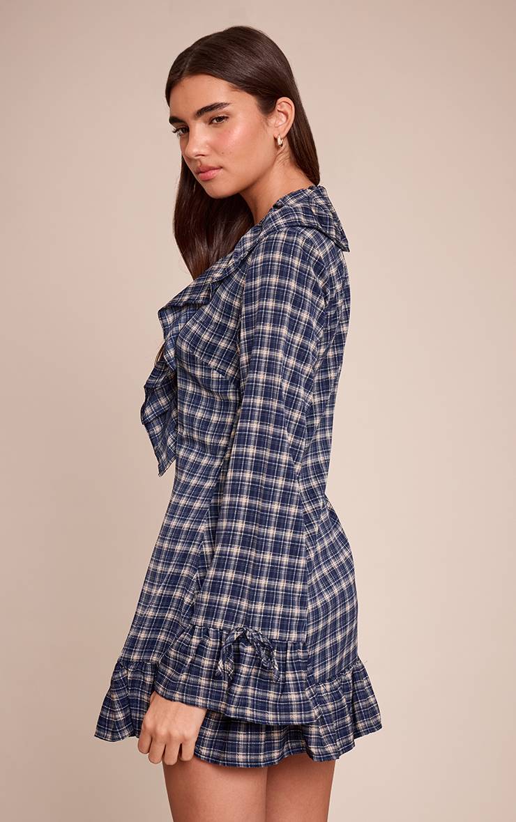 Bleu Marine Robe Mini Droite À Carreaux Avec Volants Et Manches Longues