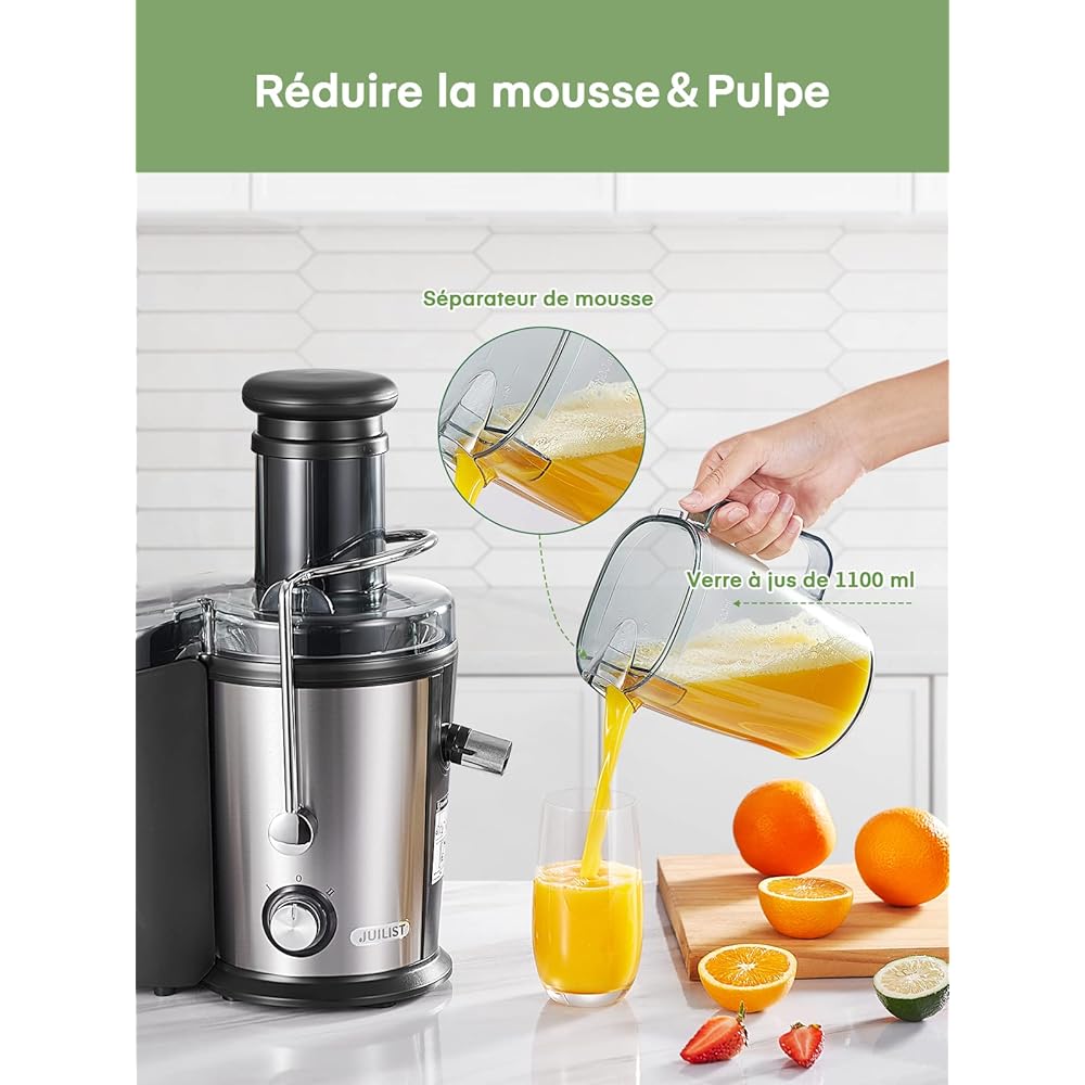 Juilist 800W Centrifugeuse Extracteur de Jus, Centrifugeuse Fruits et Legumes à 2 Vitesses, 75MM Large Bouche en Acier Inox, Design Anti-goutte, 1100ml Pichet à Jus et Nettoyage Facile : Cuisine et Maison