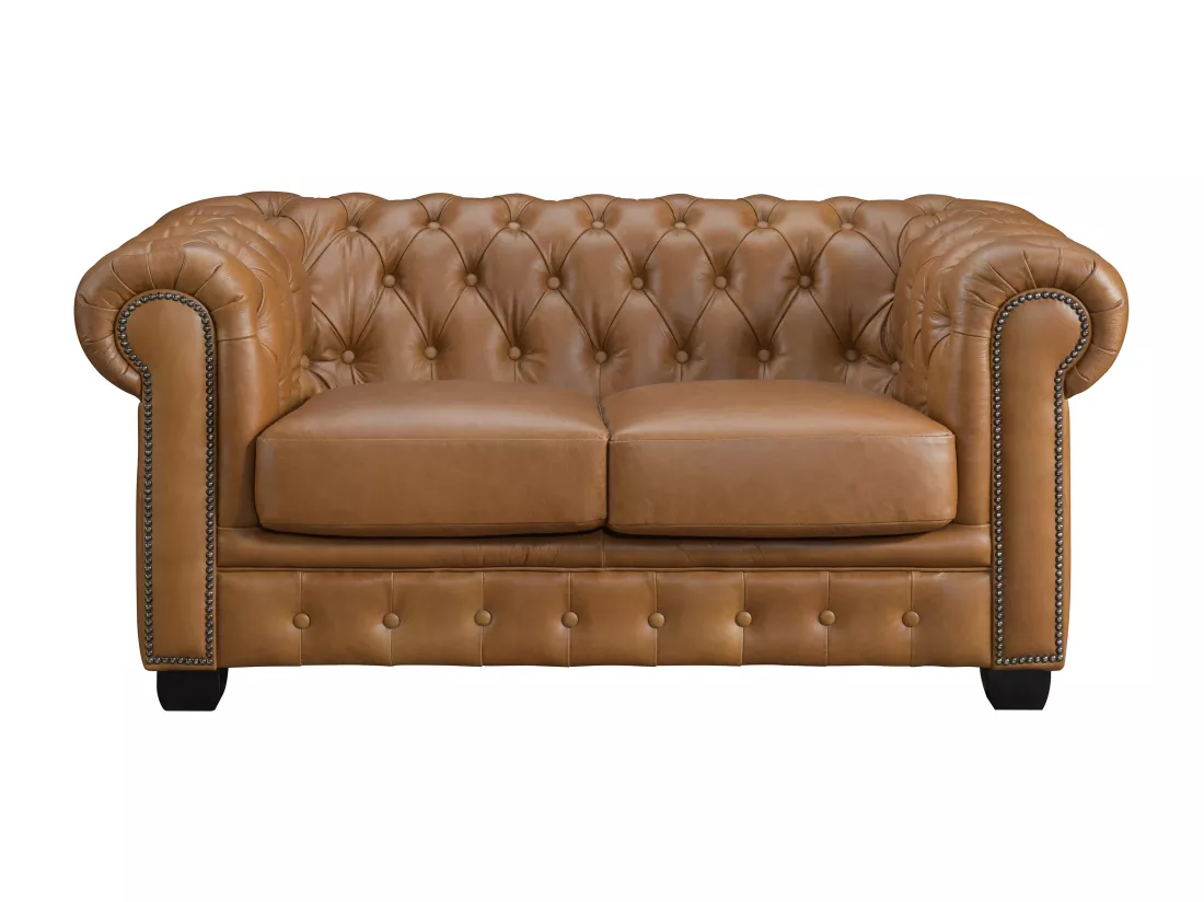 Canapé chesterfield 2 places BRENTON 100% cuir de buffle premium - Caramel vintage