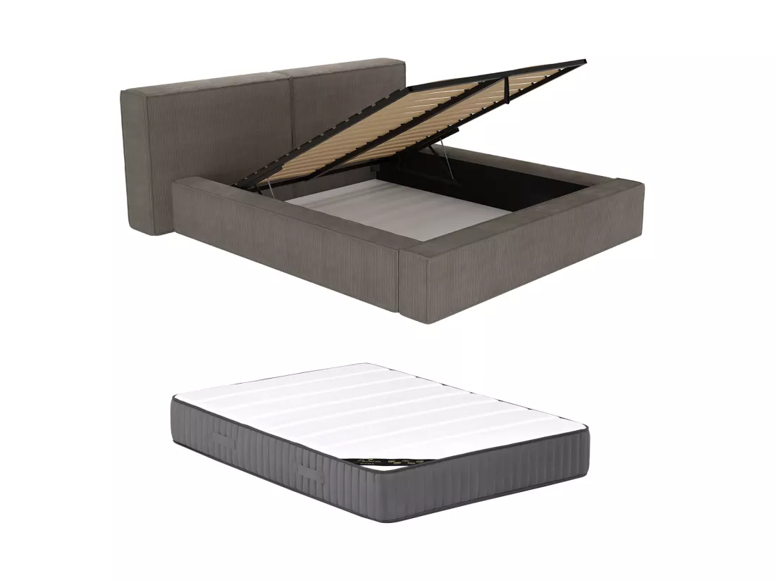 Lit coffre 140 x 190 cm - Velours côtelé - Taupe + Matelas - TIMANO de Pascal Morabito